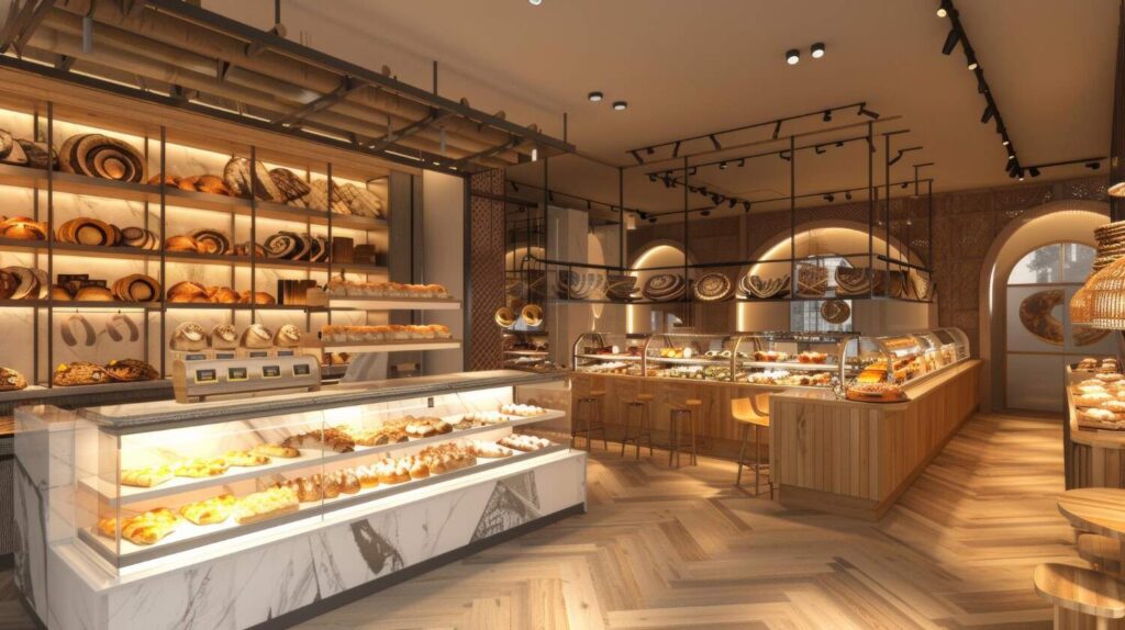 Intérieur d'une boulangerie-pâtisserie artisanale moderne, mettant en avant le travail des artisans boulangers et leurs besoins en électricité pour la cuisson et la conservation.