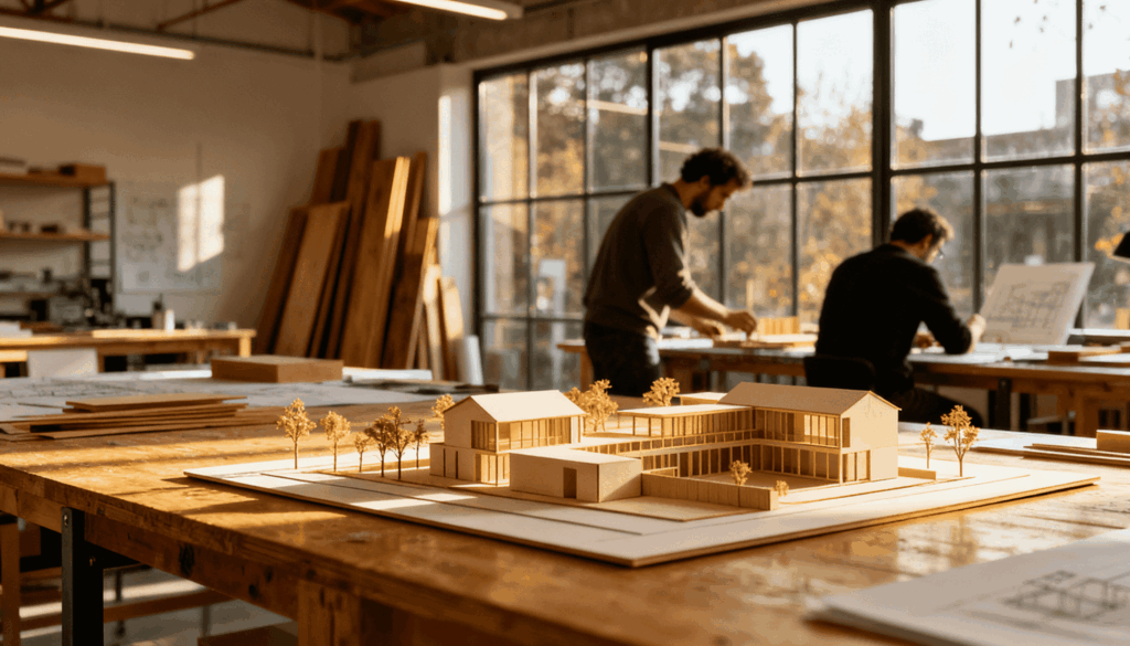 Maquette de maison et architectes travaillant dans un studio lumineux, illustrant l'optimisation énergétique pour les bureaux créatifs par évole électricité.