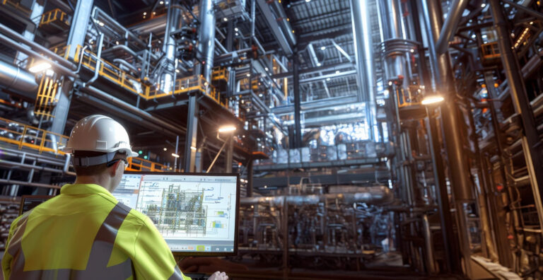 Un ingénieur industriel analyse des plans techniques complexes de son usine sur un moniteur pour identifier les leviers d'optimisation de la consommation d'électricité, portant un casque de sécurité et une veste haute visibilité devant un grand moniteur d'ordinateur.